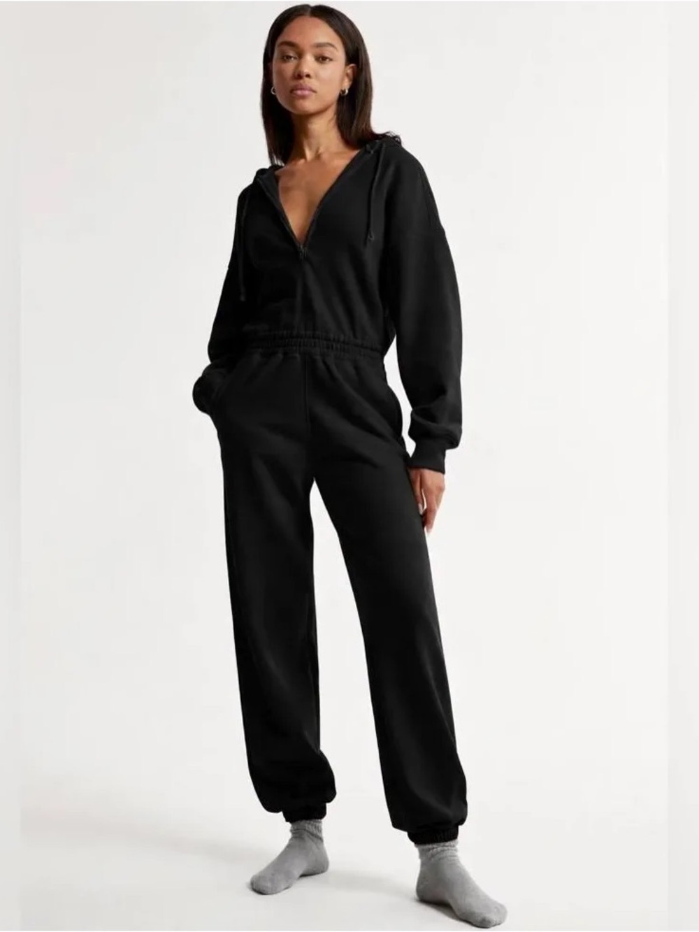 Abercrombie Zip Up Hooded Sweatsuit Romper Black